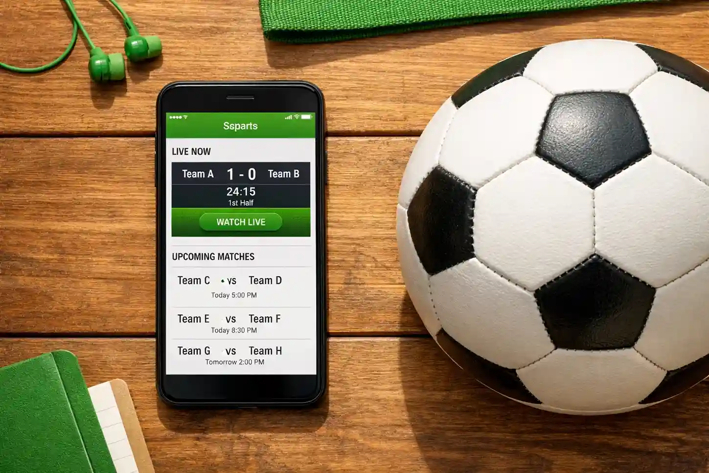 Smartphone con app di scommesse sportive su tavolo accanto a pallone da calcio tradizionale
