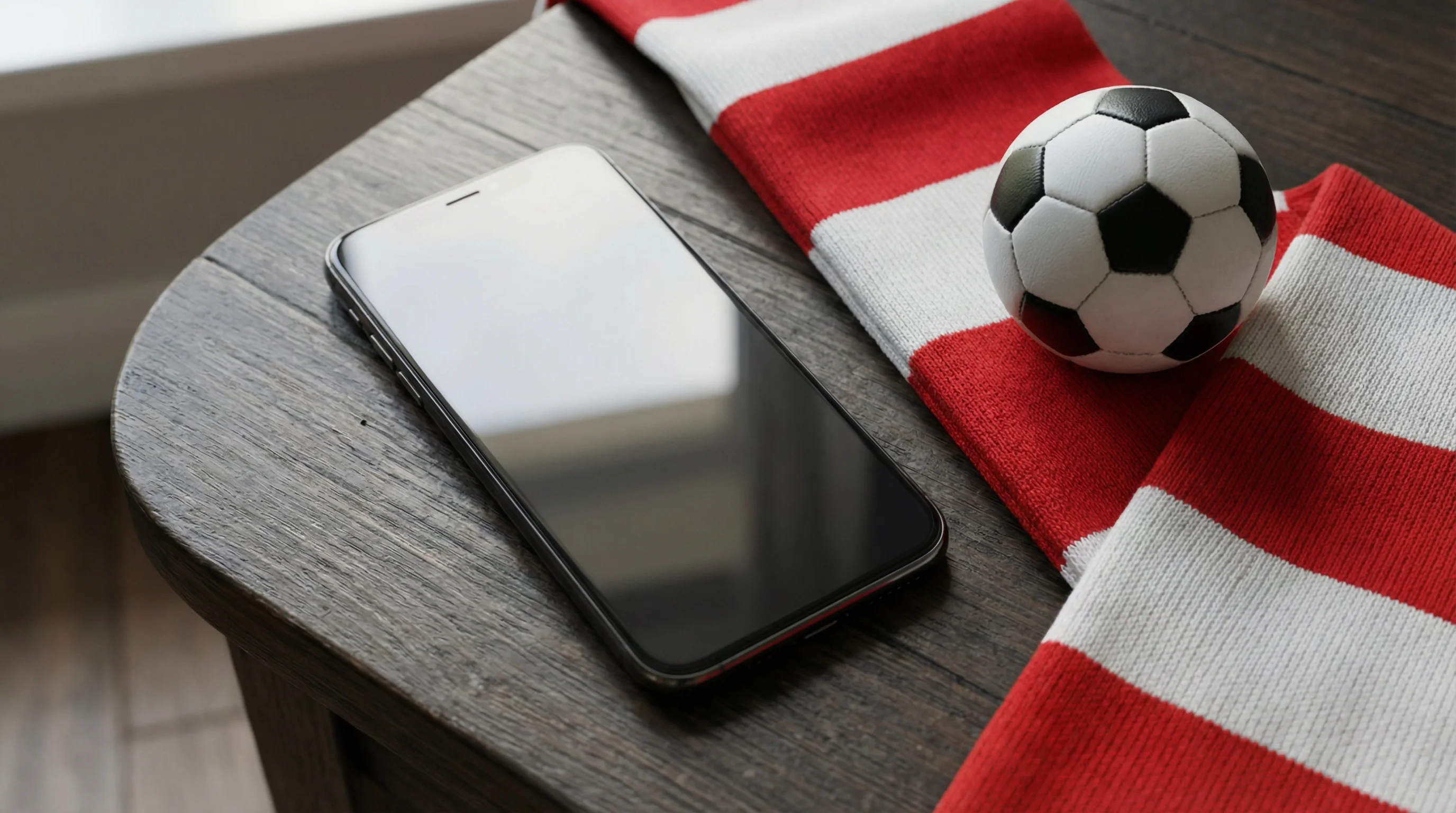 Smartphone appoggiato su un tavolo accanto a una sciarpa da tifoso e un pallone da calcio