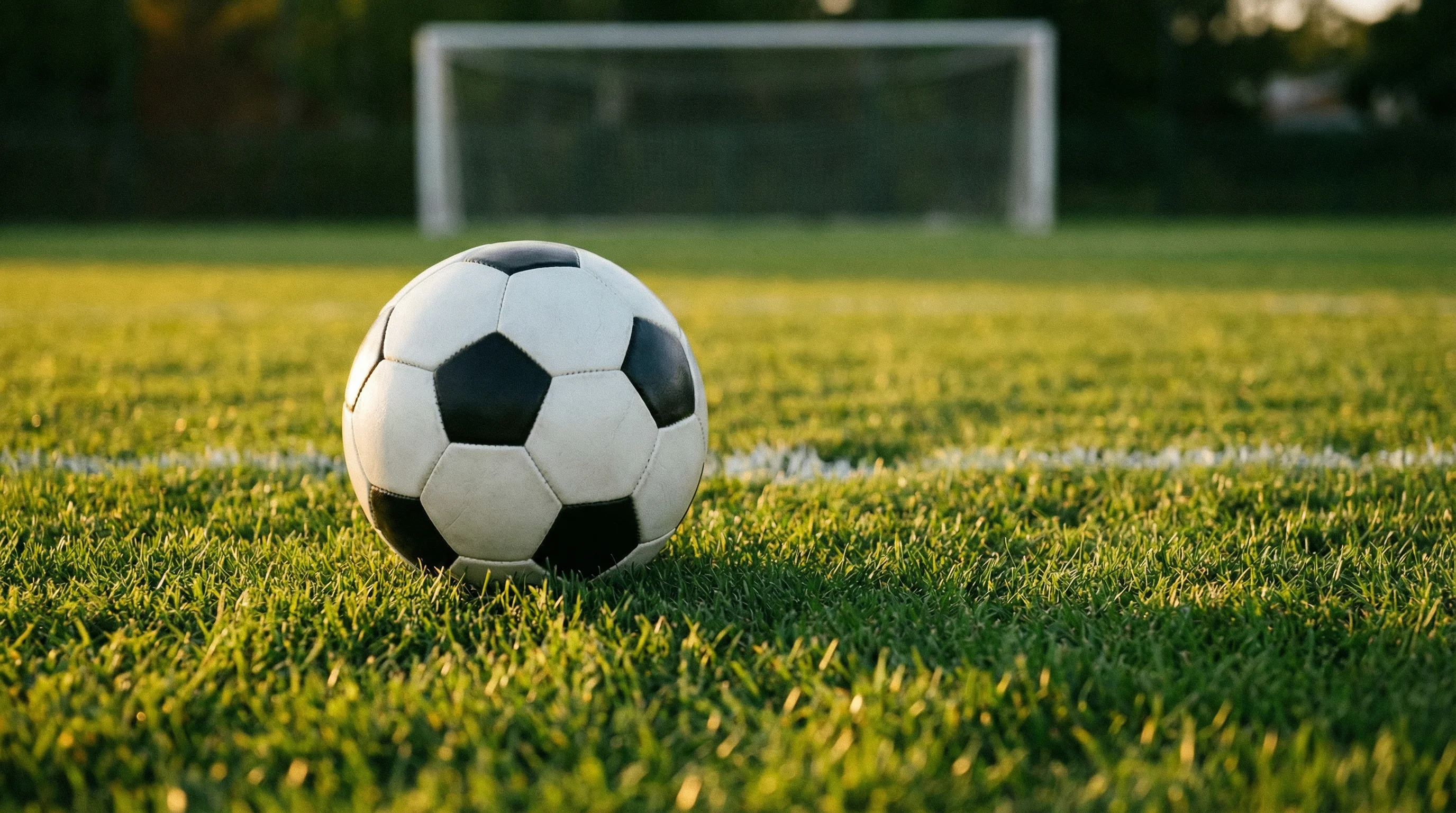 Pallone da calcio su un prato verde con linee bianche del campo in primo piano