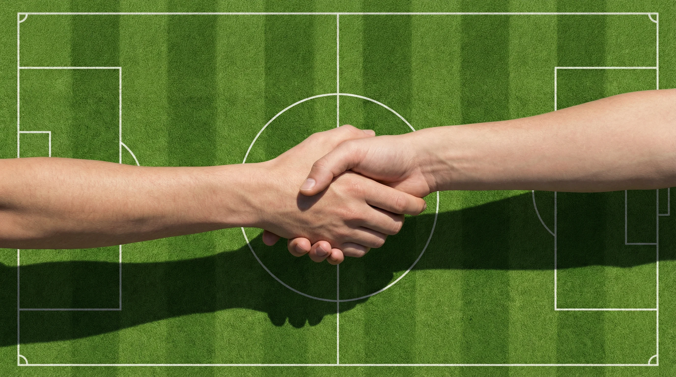 Due persone che si stringono la mano sopra un campo da calcio visto dall'alto
