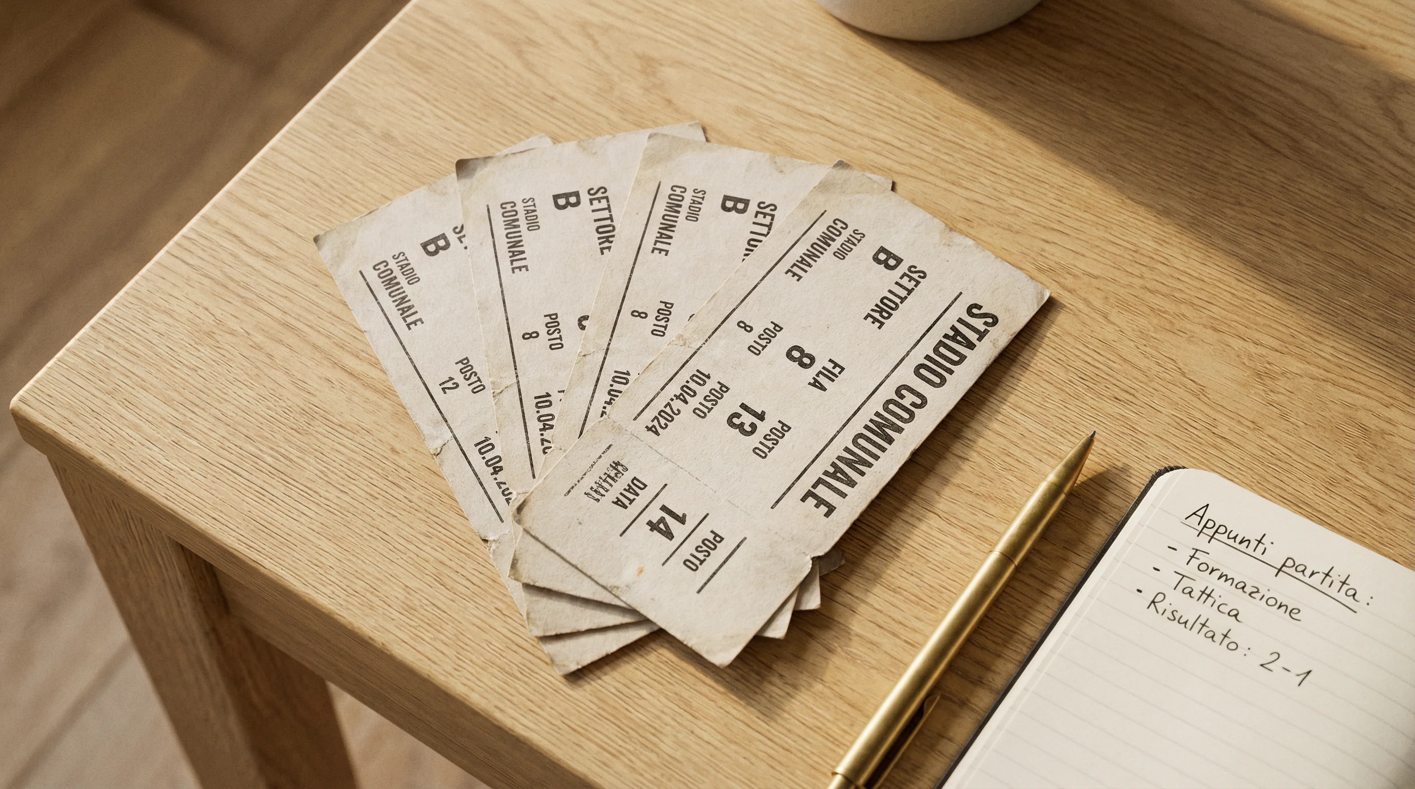 Biglietti per una partita di calcio disposti su un tavolo di legno accanto a una penna