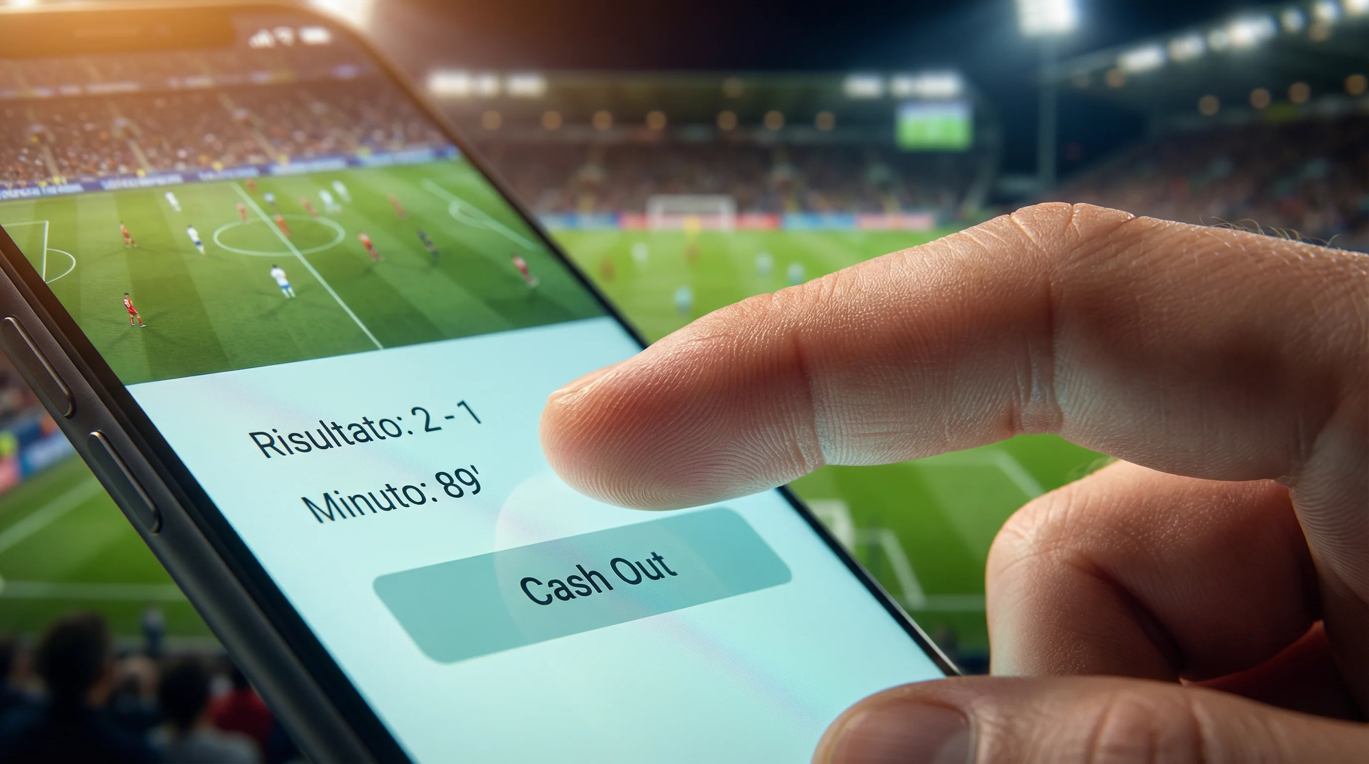 Primo piano di una mano che tocca lo schermo di uno smartphone durante una partita di calcio