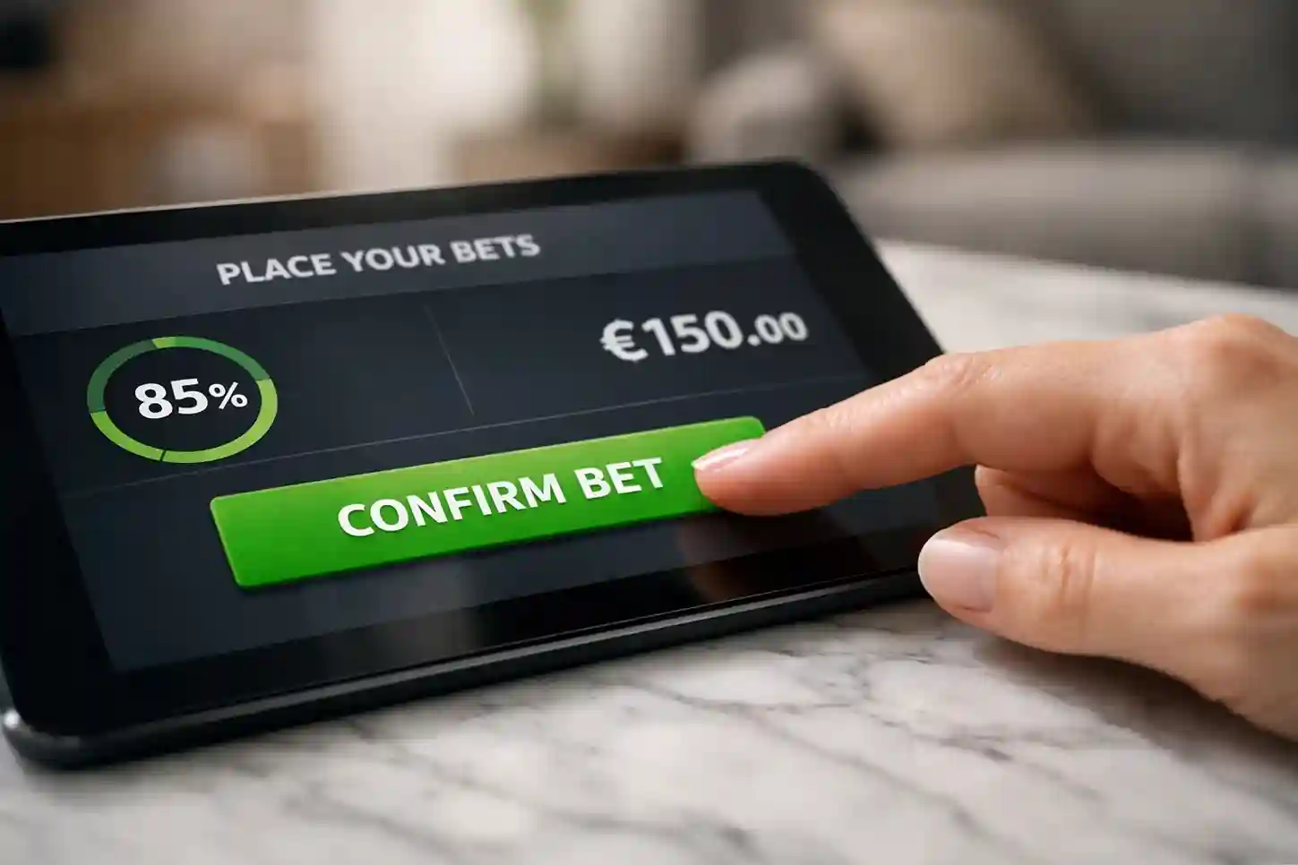 Mano che tocca pulsante verde di conferma su smartphone