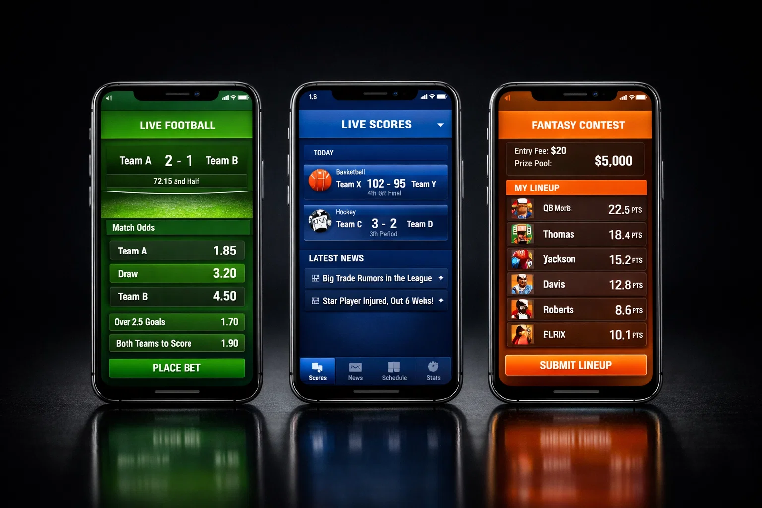 Diversi smartphone affiancati che mostrano app di scommesse