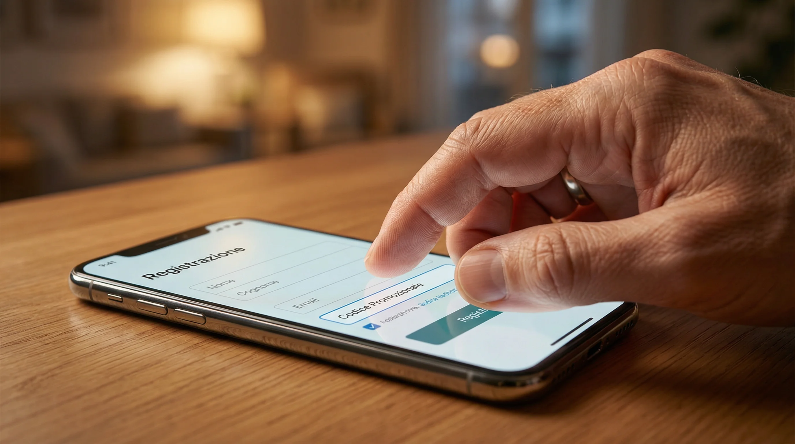 Mano che digita un codice promozionale su uno smartphone con schermata di registrazione