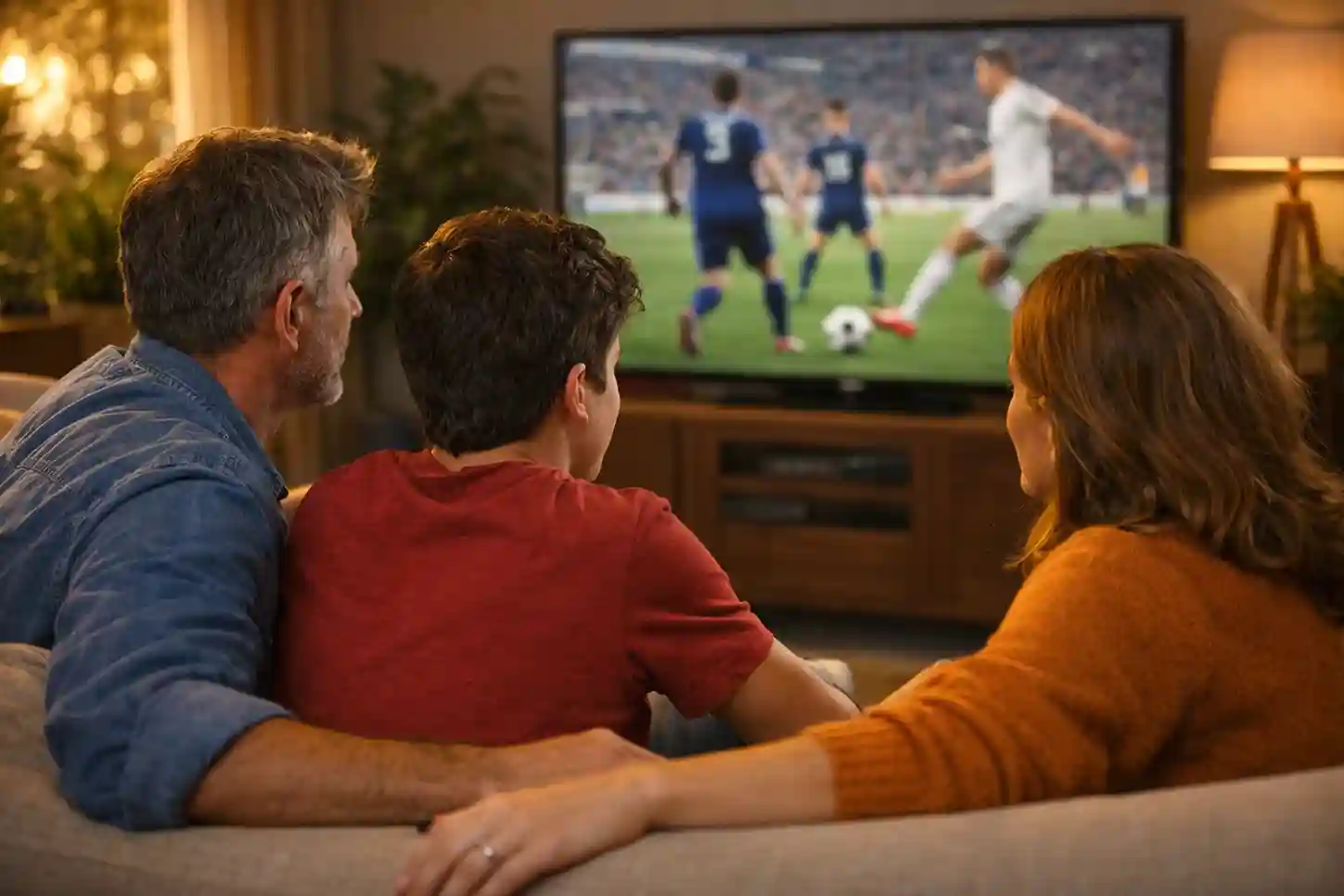 Famiglia sorridente che guarda partita di calcio insieme sul divano di casa