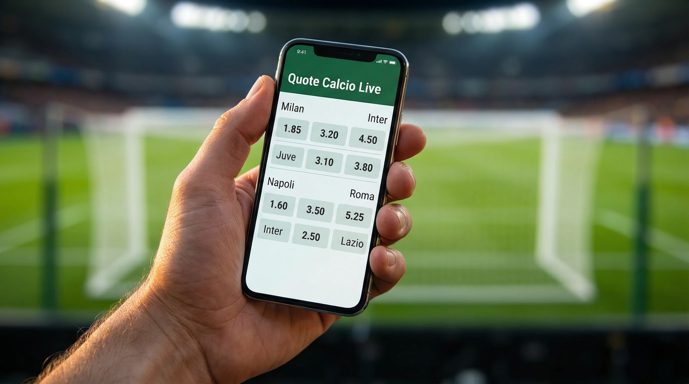 Mano che tiene uno smartphone con schermata di scommesse sportive davanti a un campo di calcio