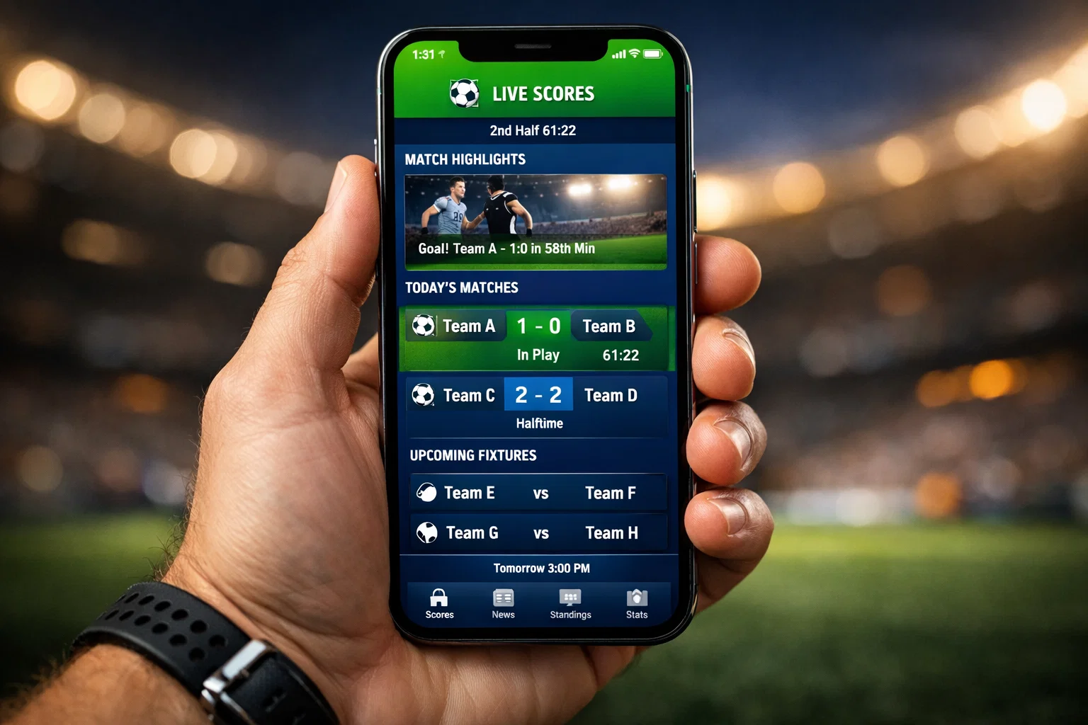 Smartphone moderno con schermata di app sportiva in mano