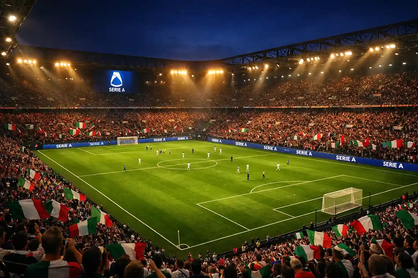 Stadio di calcio illuminato durante una partita serale con tifosi sugli spalti