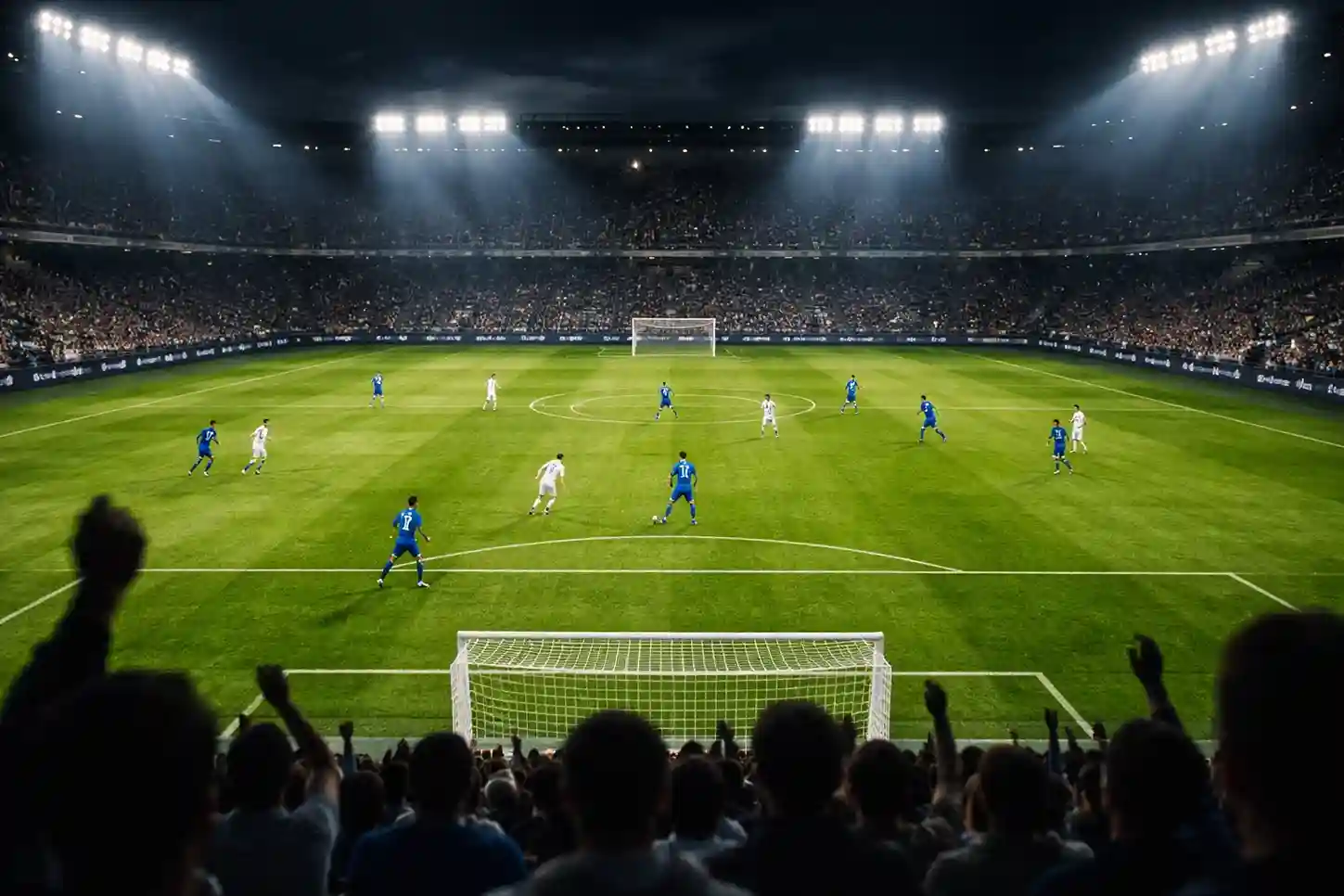 Partita di calcio in corso vista dallo stadio con tifosi