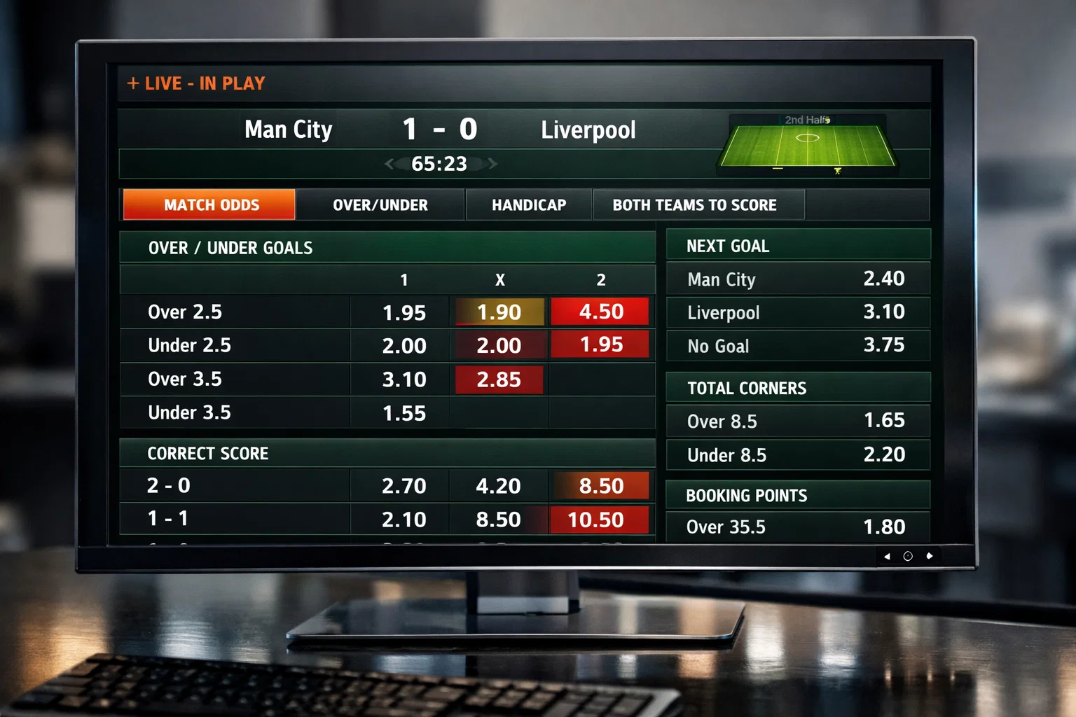 Schermo con quote che cambiano durante una partita di calcio