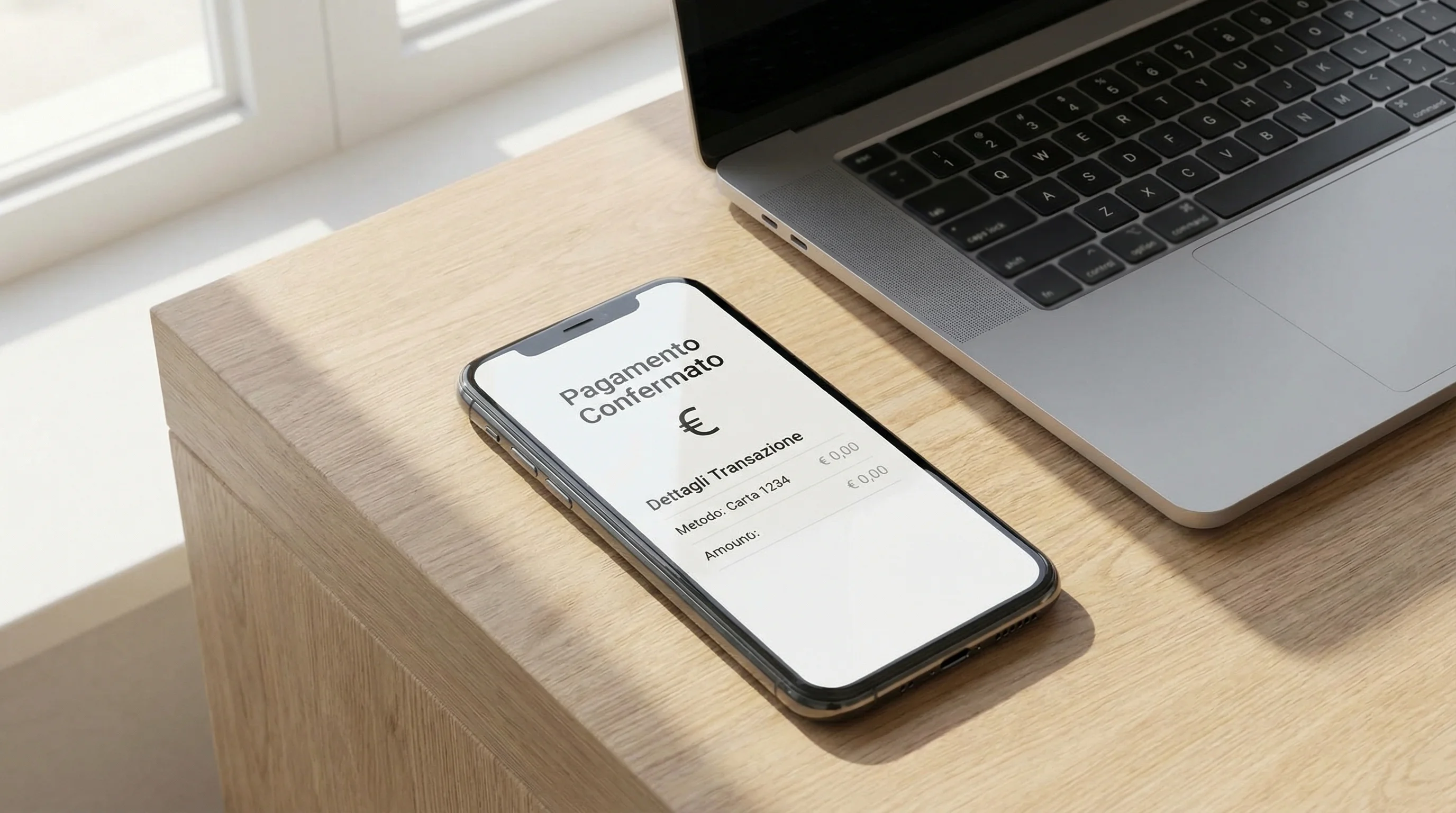 Smartphone con app di pagamento aperta su una scrivania accanto a un computer portatile
