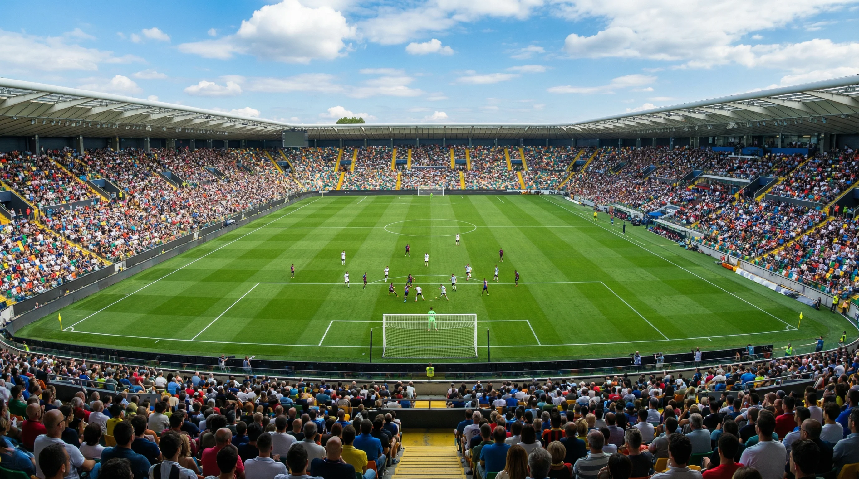 Panoramica di un campo di calcio di Serie A con le tribune piene di spettatori