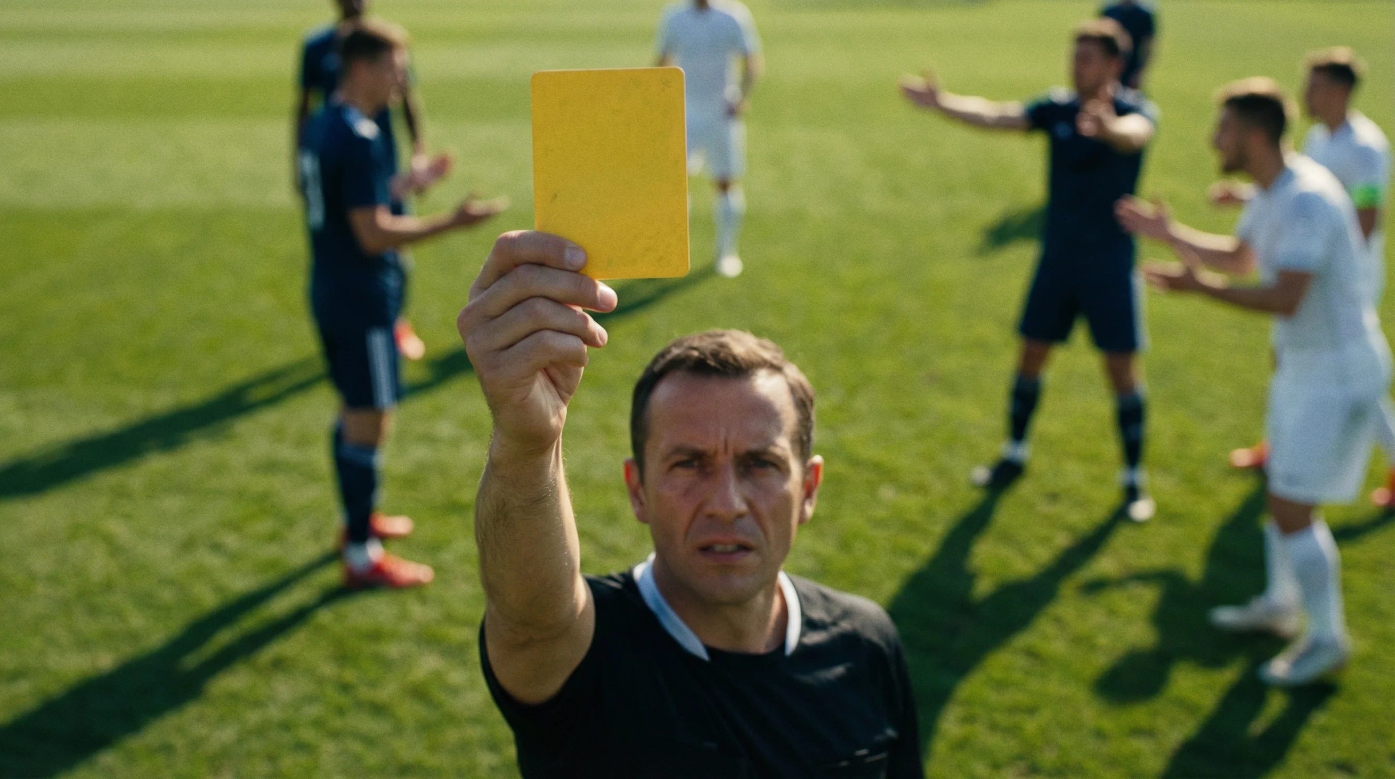 Arbitro di calcio che mostra un cartellino giallo durante una partita su campo verde