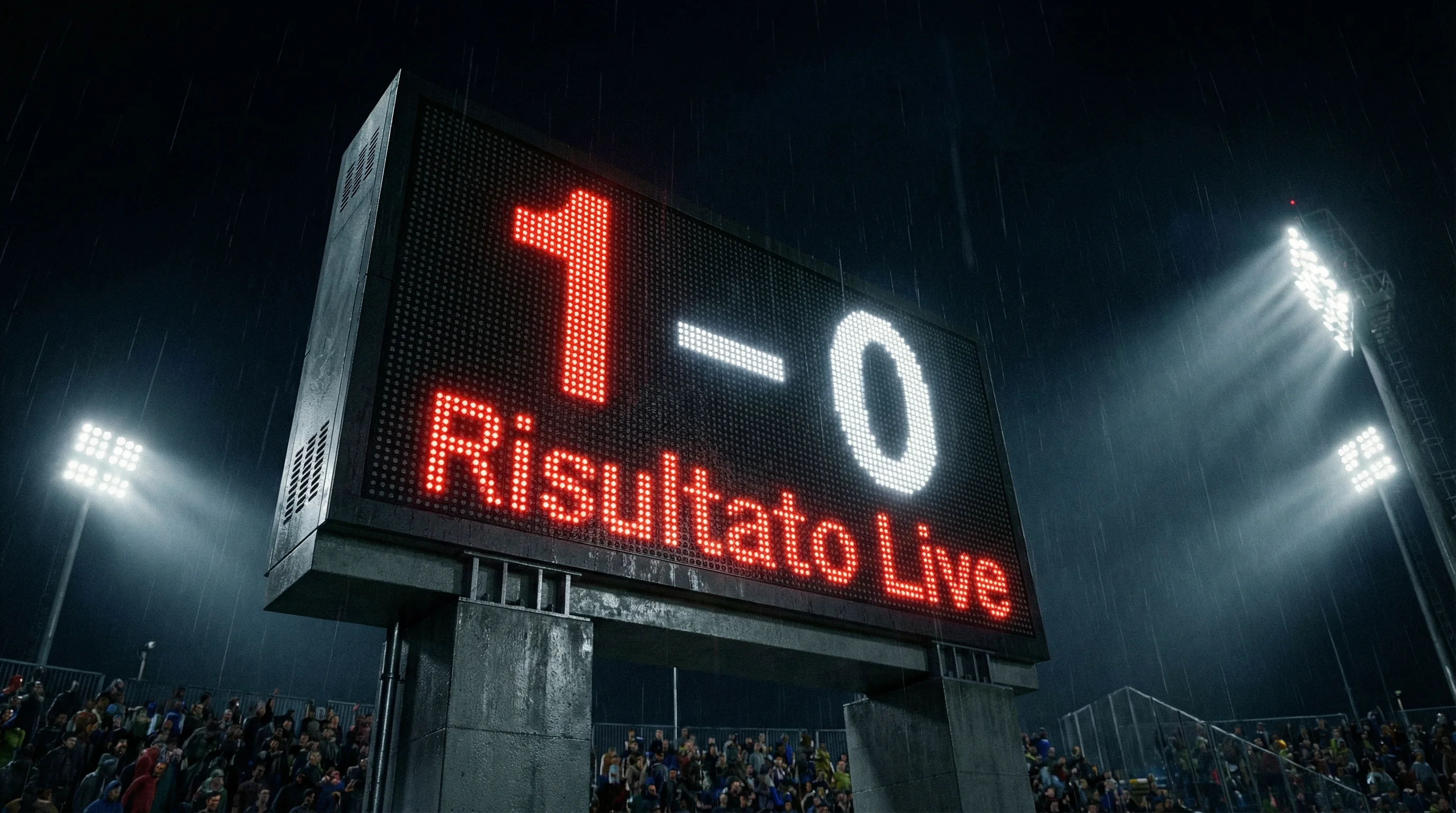 Tabellone luminoso di uno stadio di calcio che mostra il risultato durante una partita serale