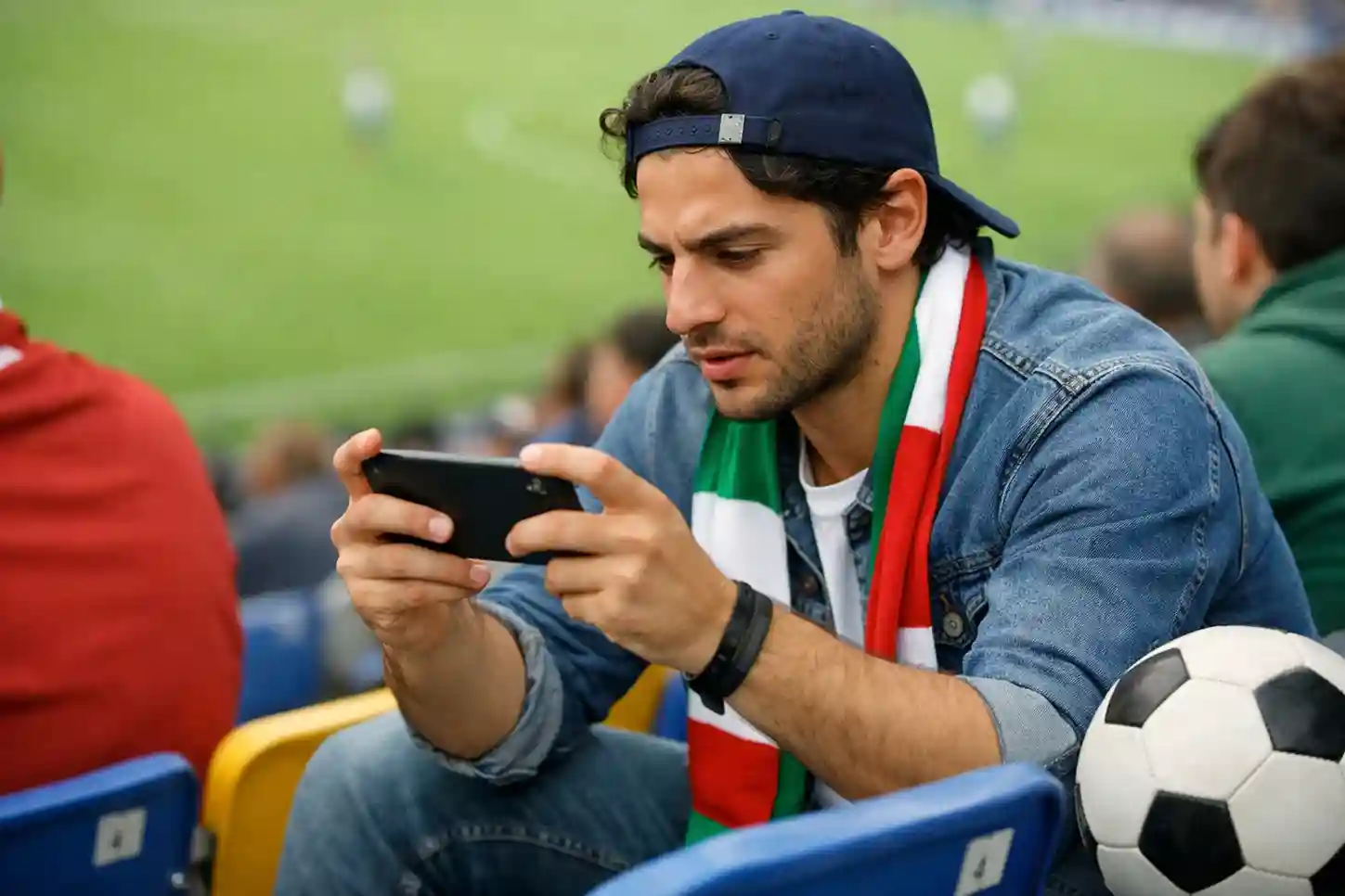 Tifoso che guarda partita di calcio su smartphone mentre è allo stadio con campo da calcio in erba sullo sfondo