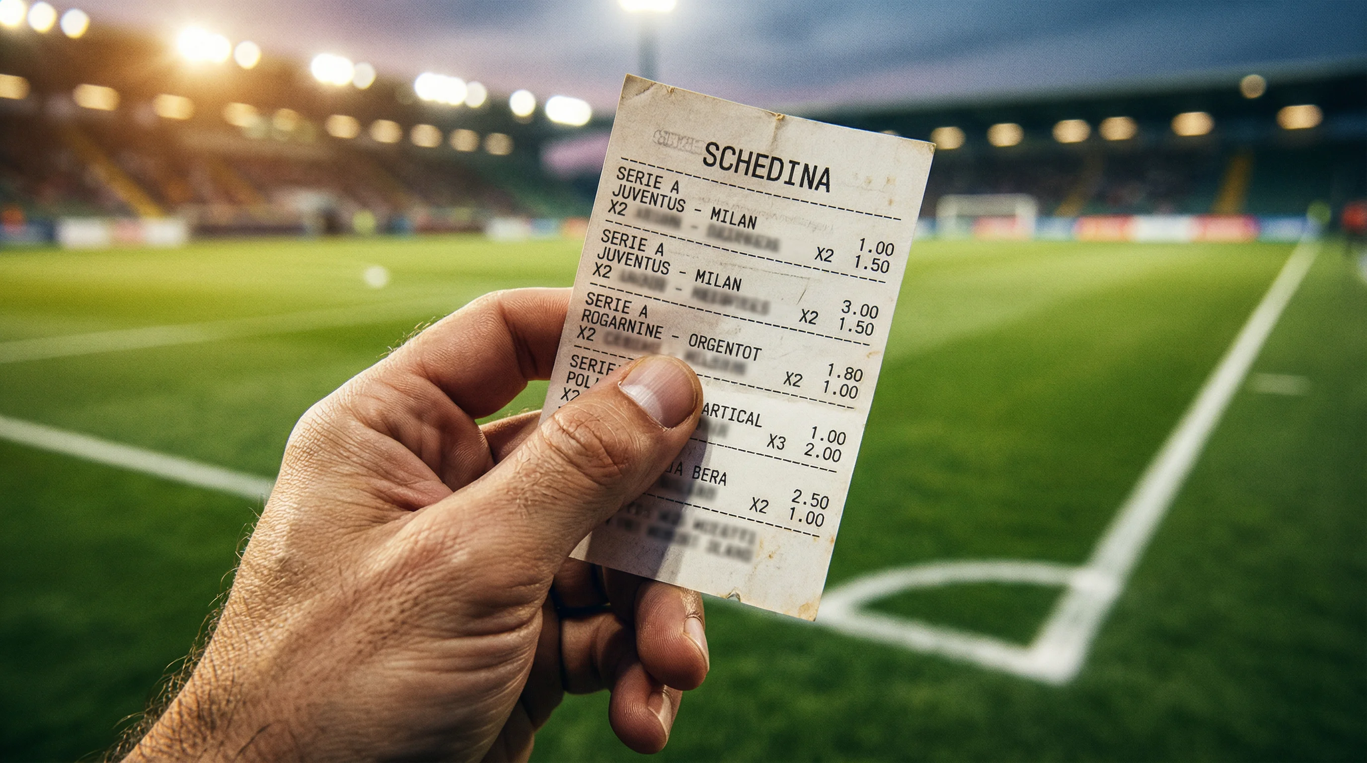 Mano che tiene una schedina di scommesse sportive davanti a un campo da calcio