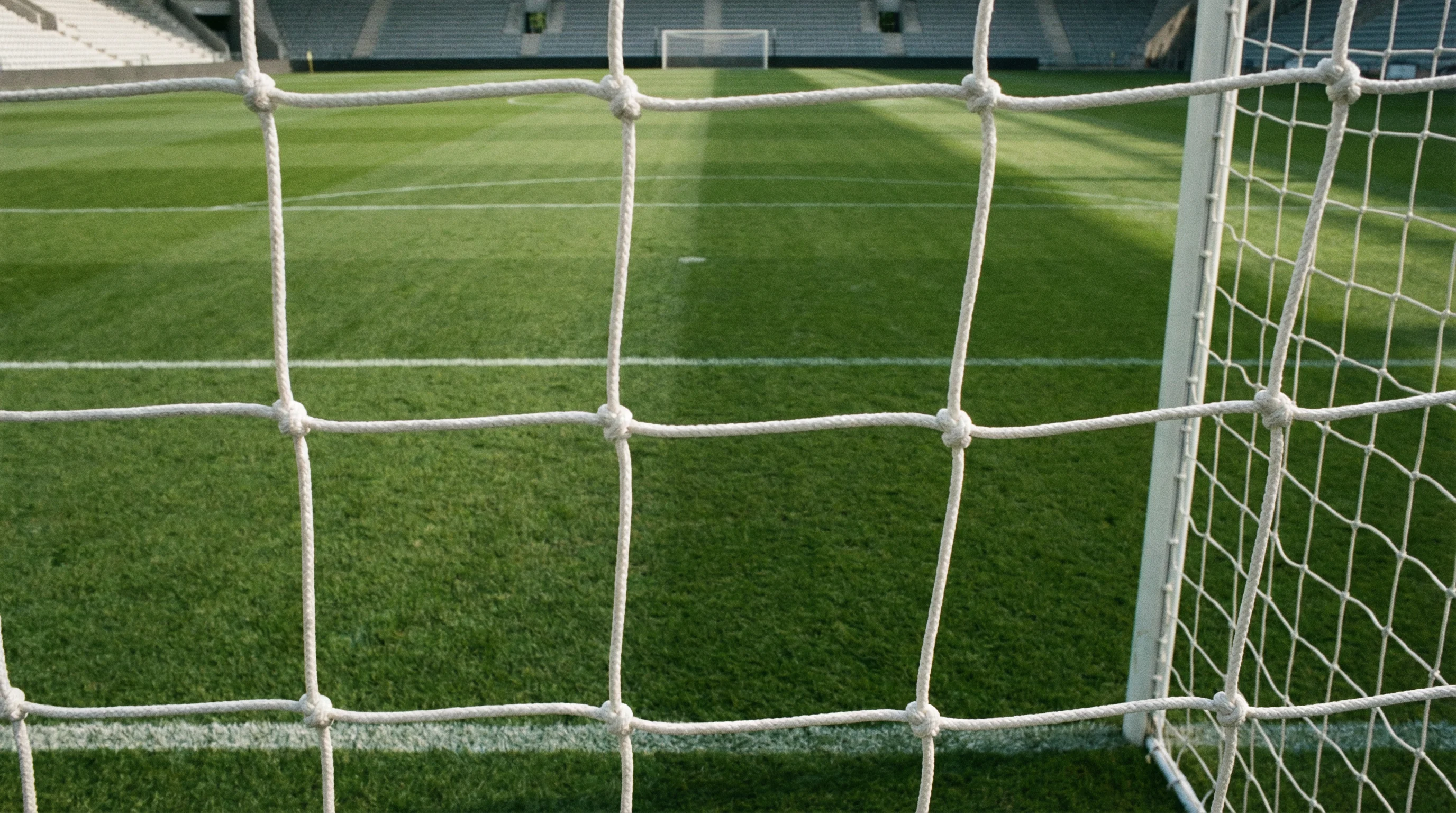 Rete di una porta da calcio vista da dietro con il campo verde sullo sfondo