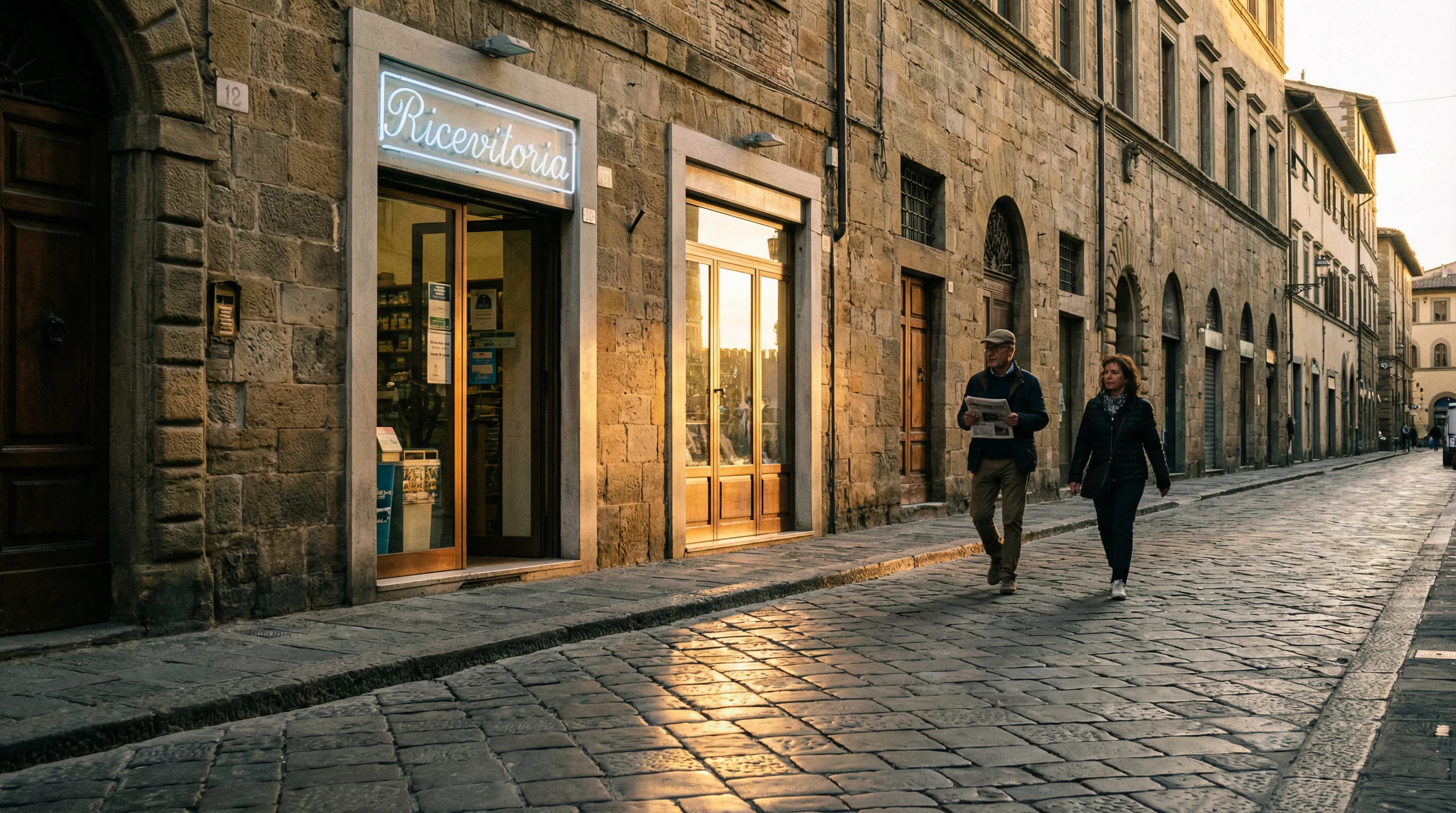 Ricevitoria Sisal in una via italiana con insegna illuminata al tramonto