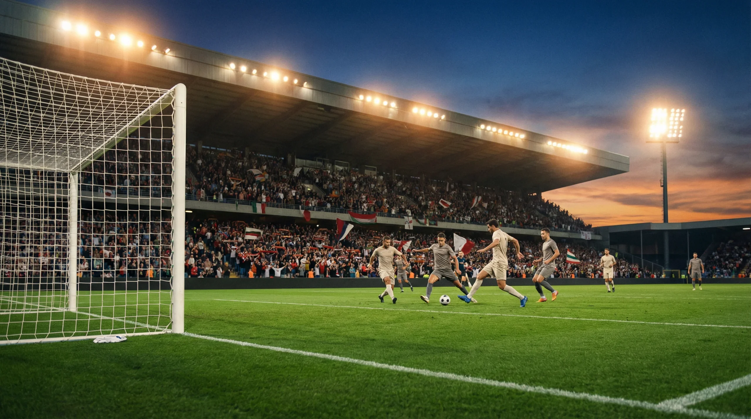 Stadio di calcio italiano illuminato durante una partita serale di Serie A