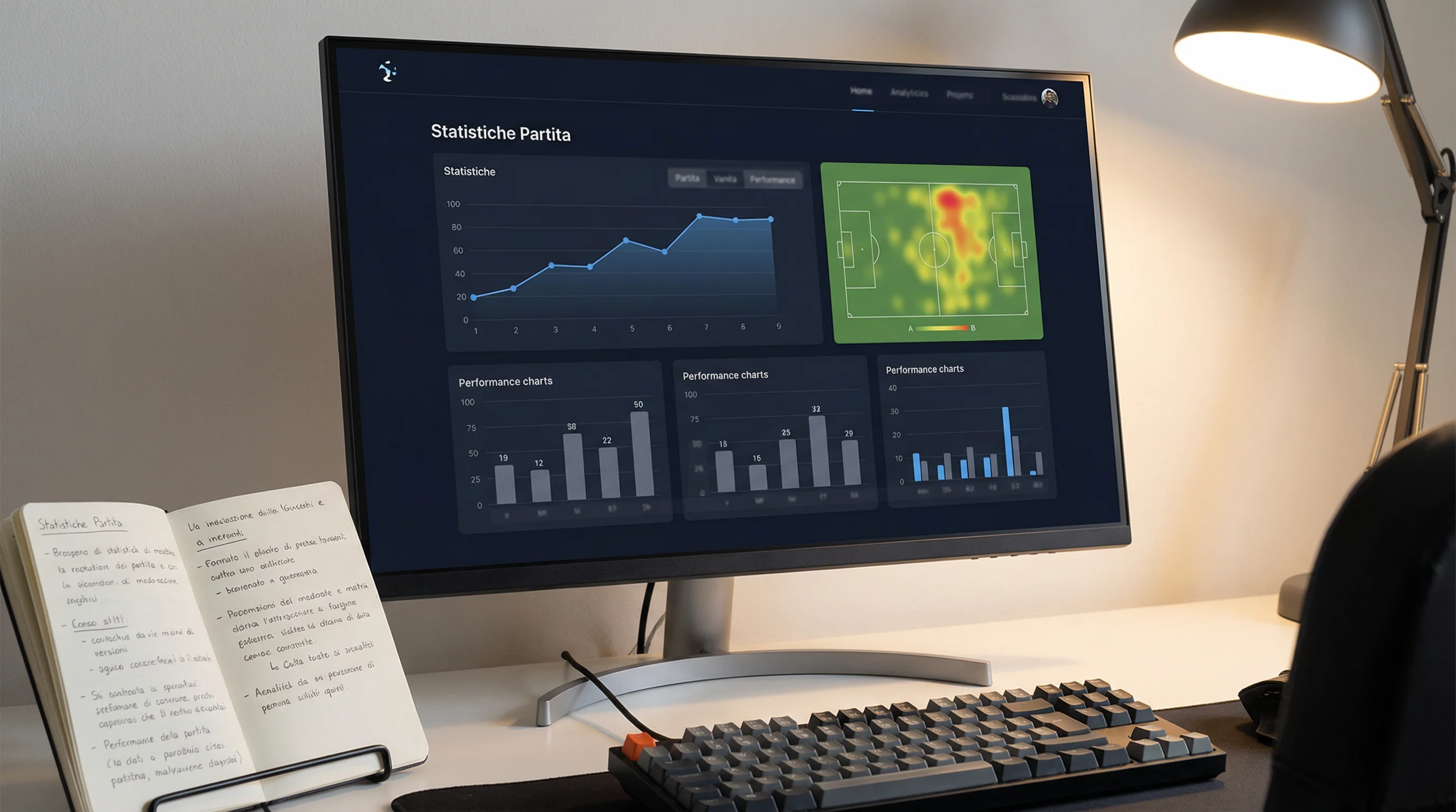 Schermo di computer con grafici e statistiche di una partita di calcio