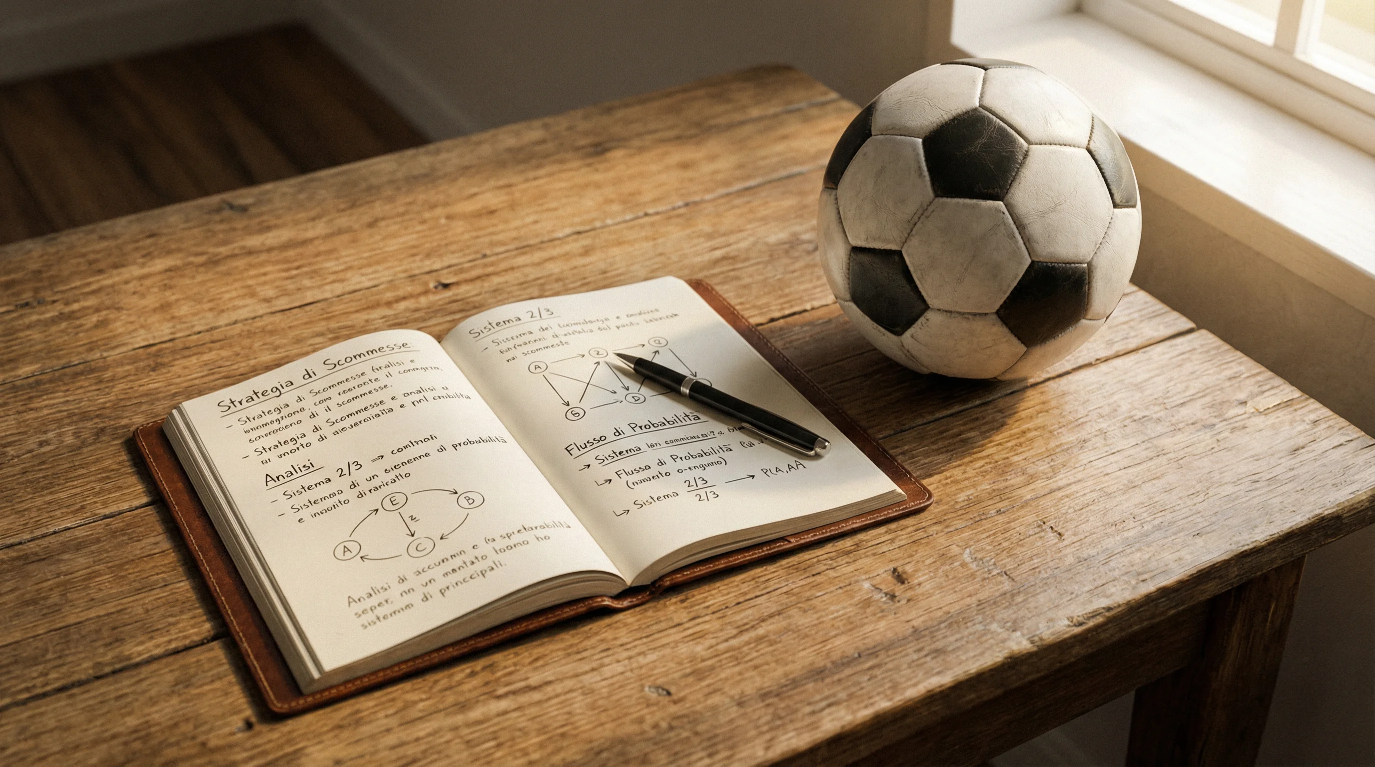 Quaderno aperto con una strategia di scommesse scritta a mano accanto a un pallone da calcio