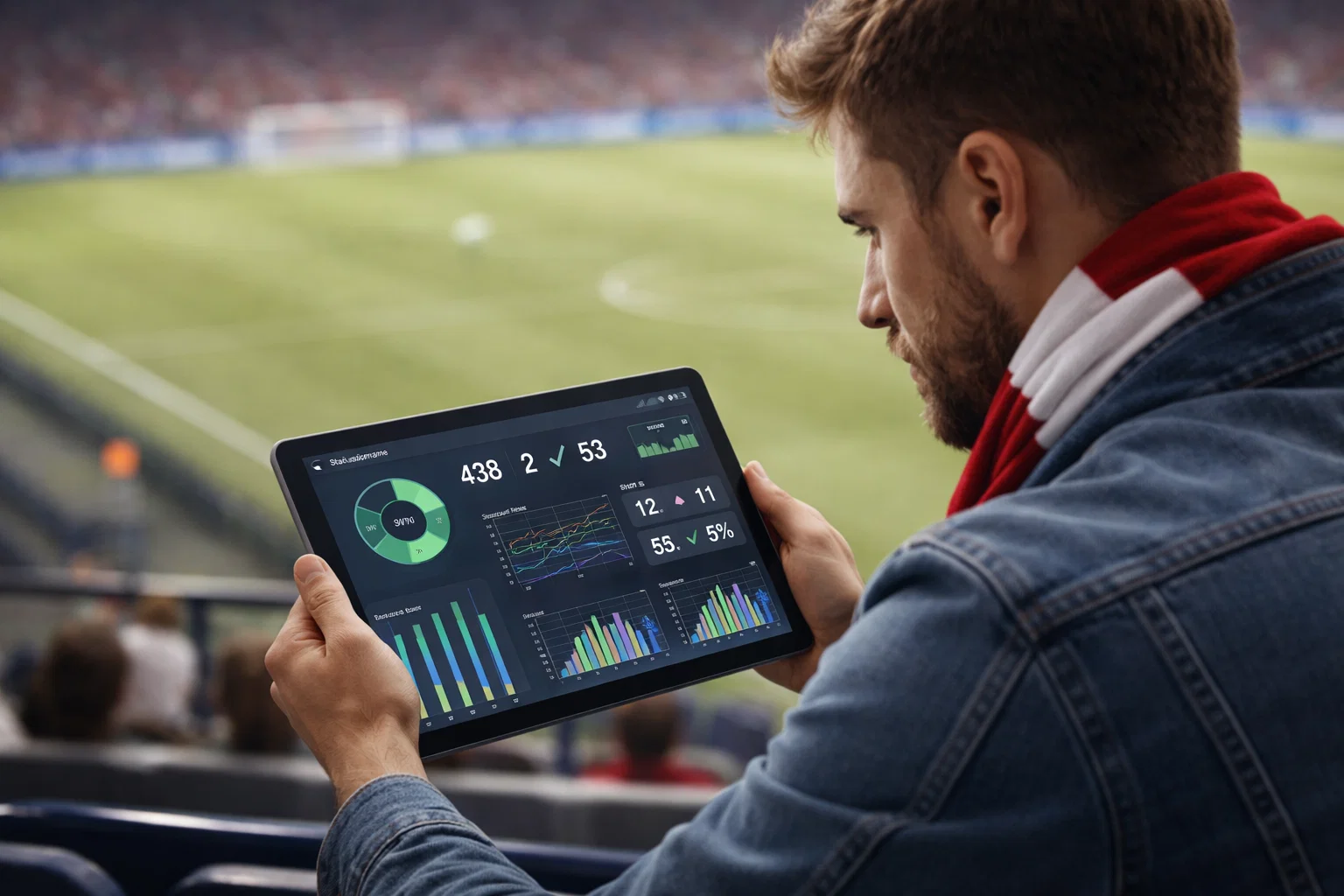 Tifoso concentrato che analizza statistiche su tablet allo stadio