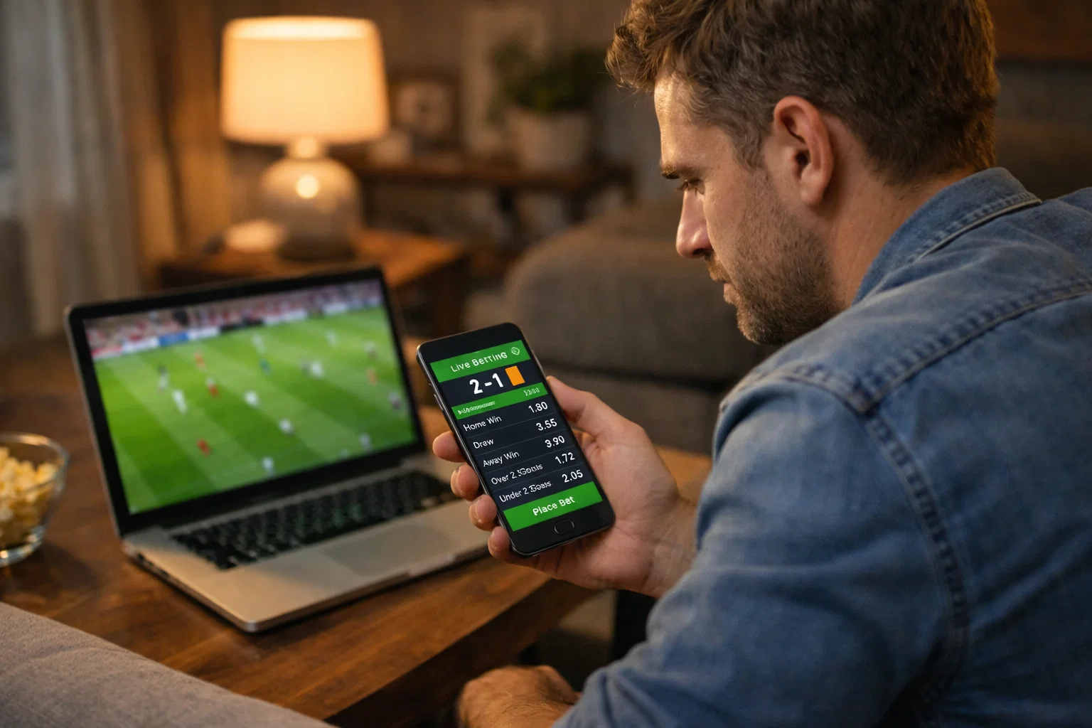 Persona che guarda partita di calcio in streaming su laptop