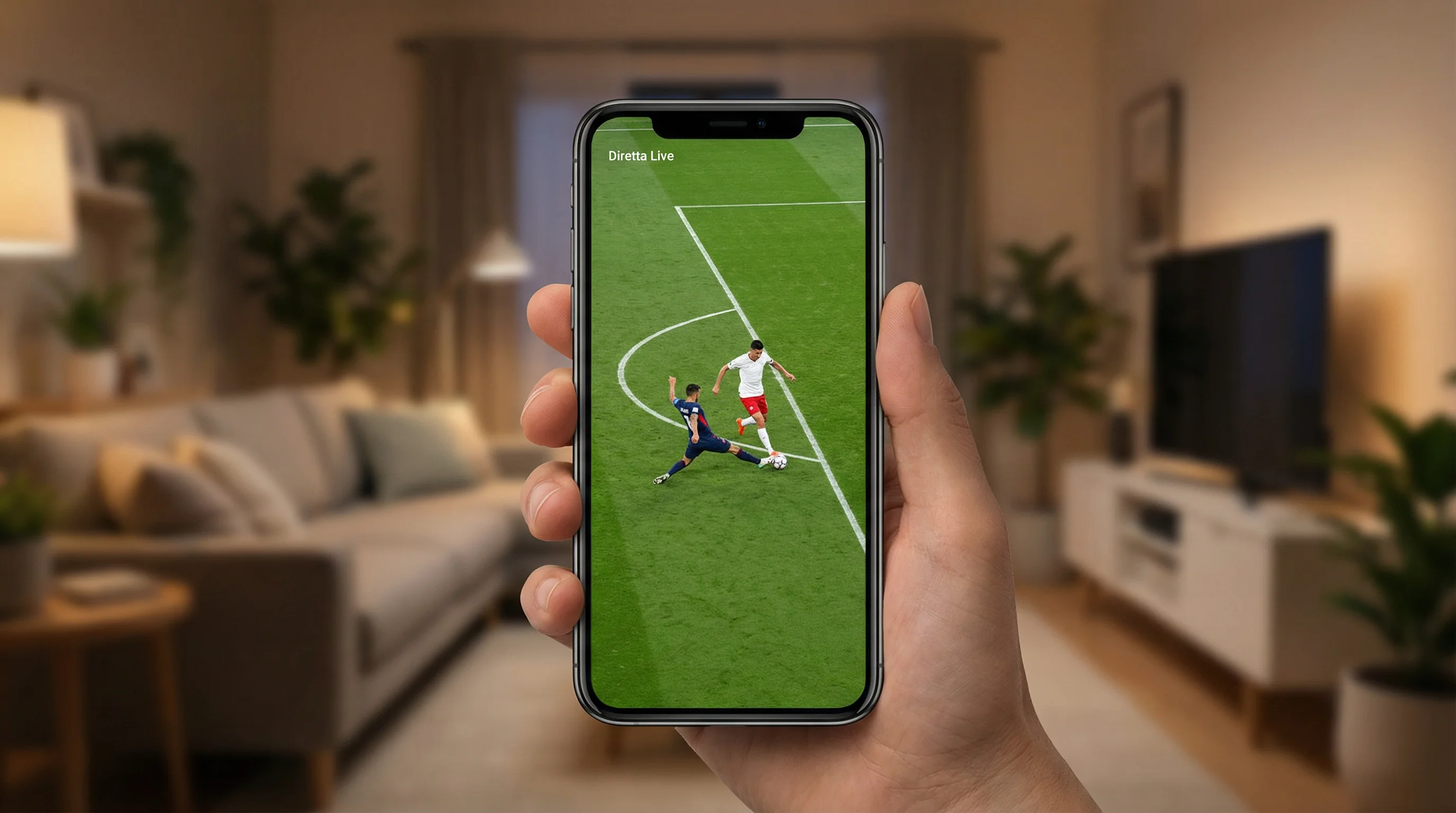 Smartphone che trasmette una partita di calcio in streaming con un campo verde sullo sfondo