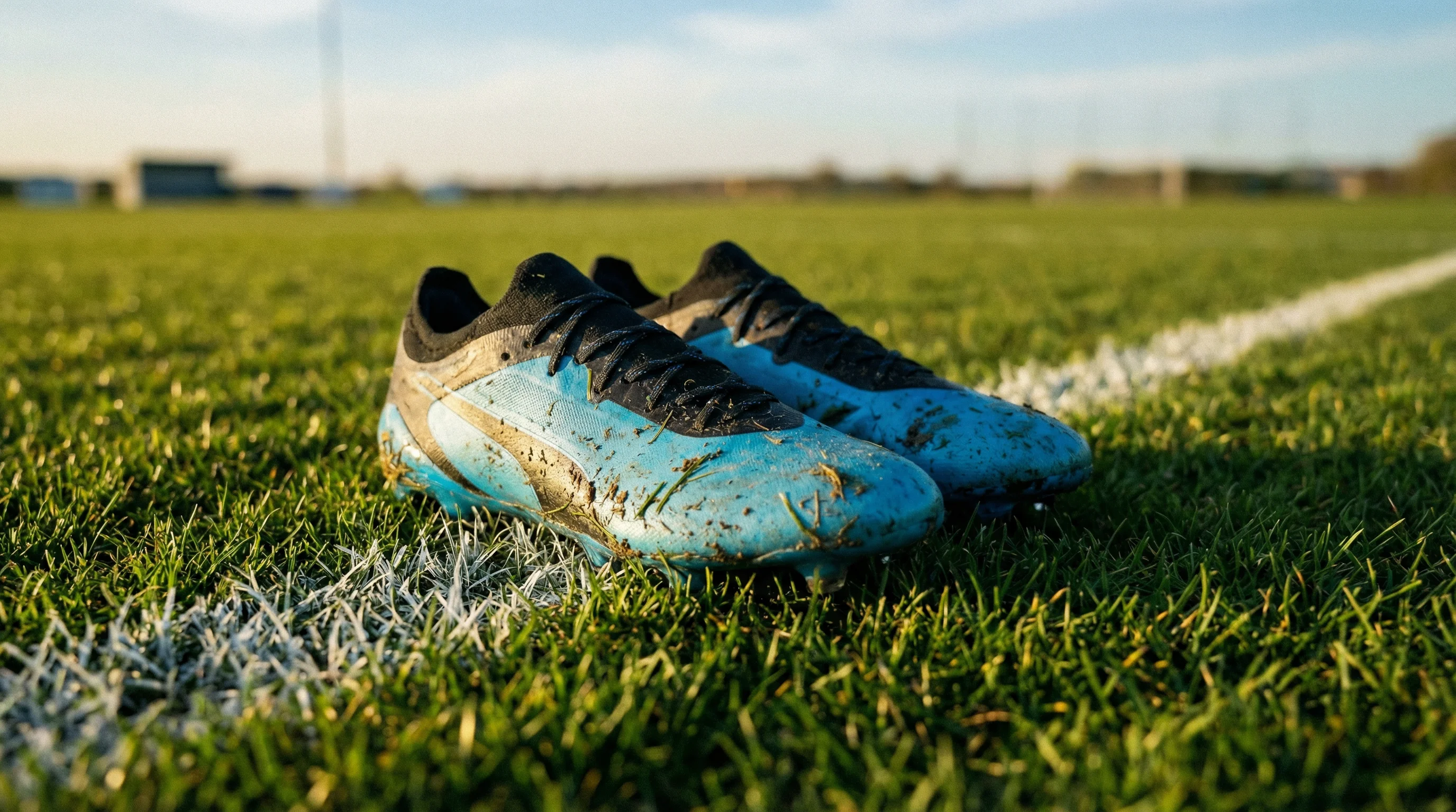 Scarpe da calcio su un prato verde con righe bianche di un campo da gioco