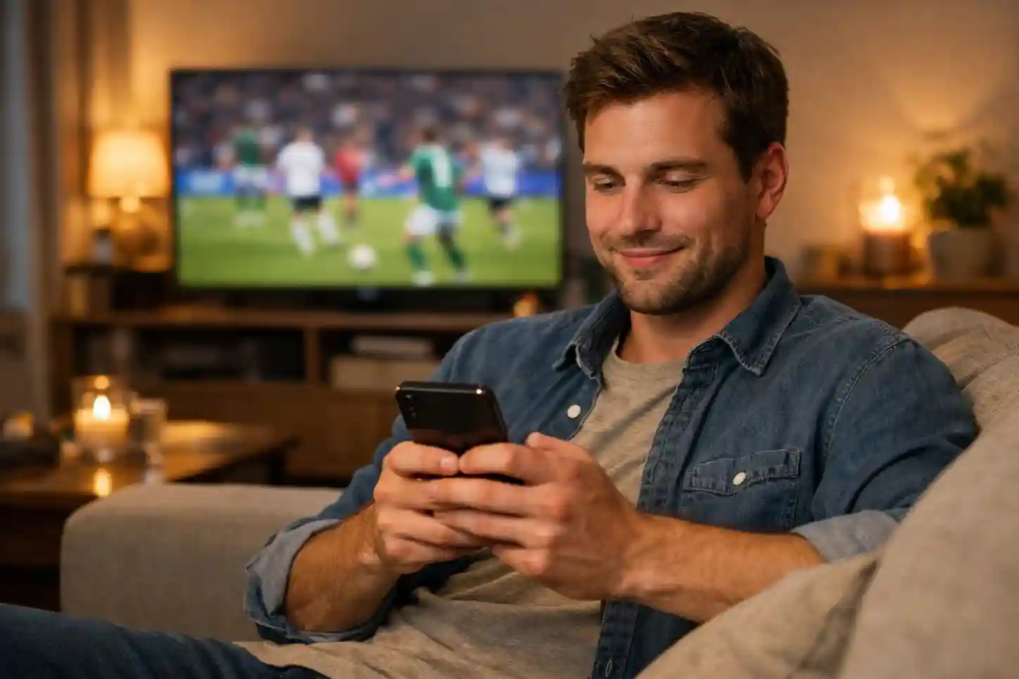 Persona giovane che usa smartphone mentre guarda partita in TV