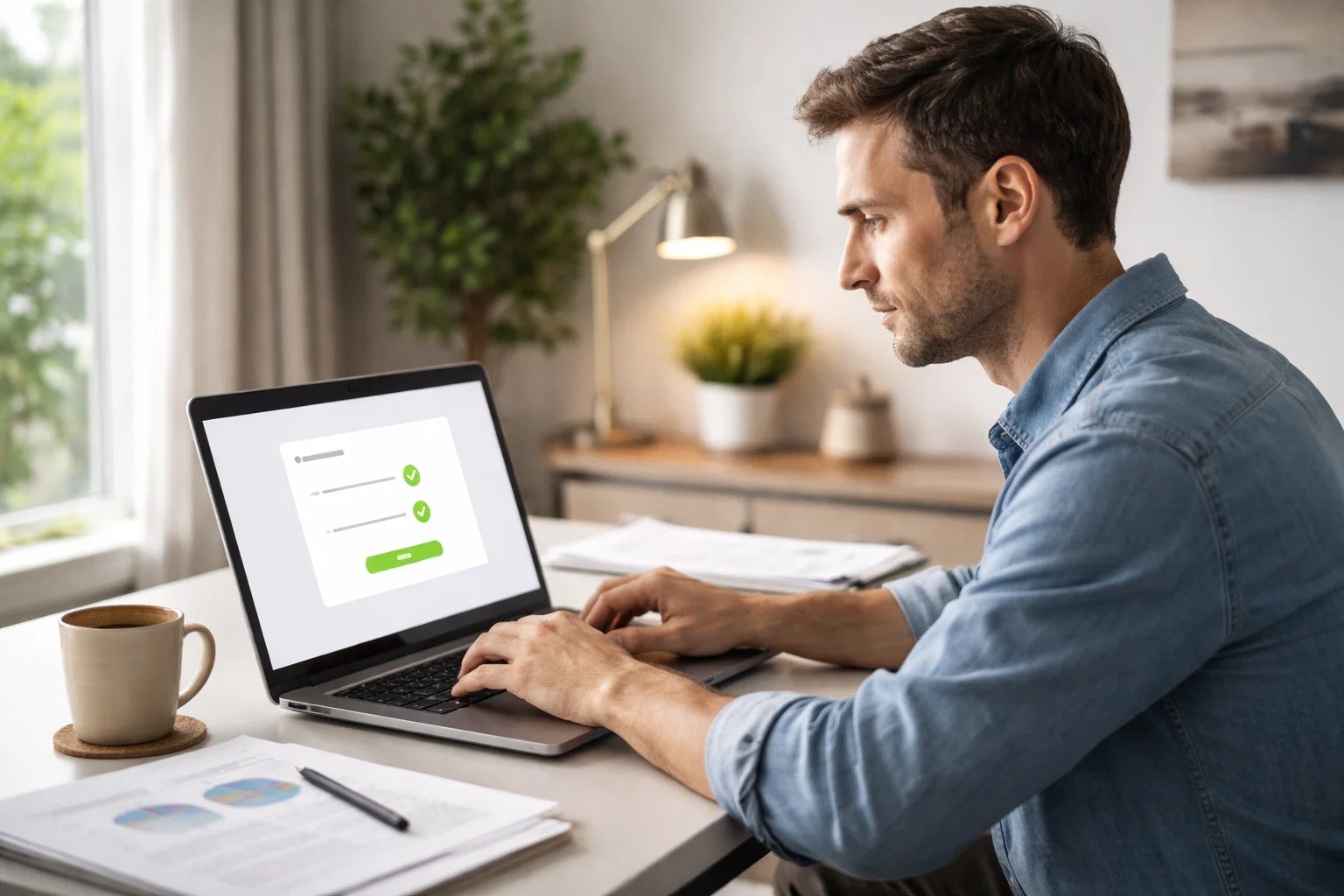 Persona che controlla documenti di autorizzazione su un laptop